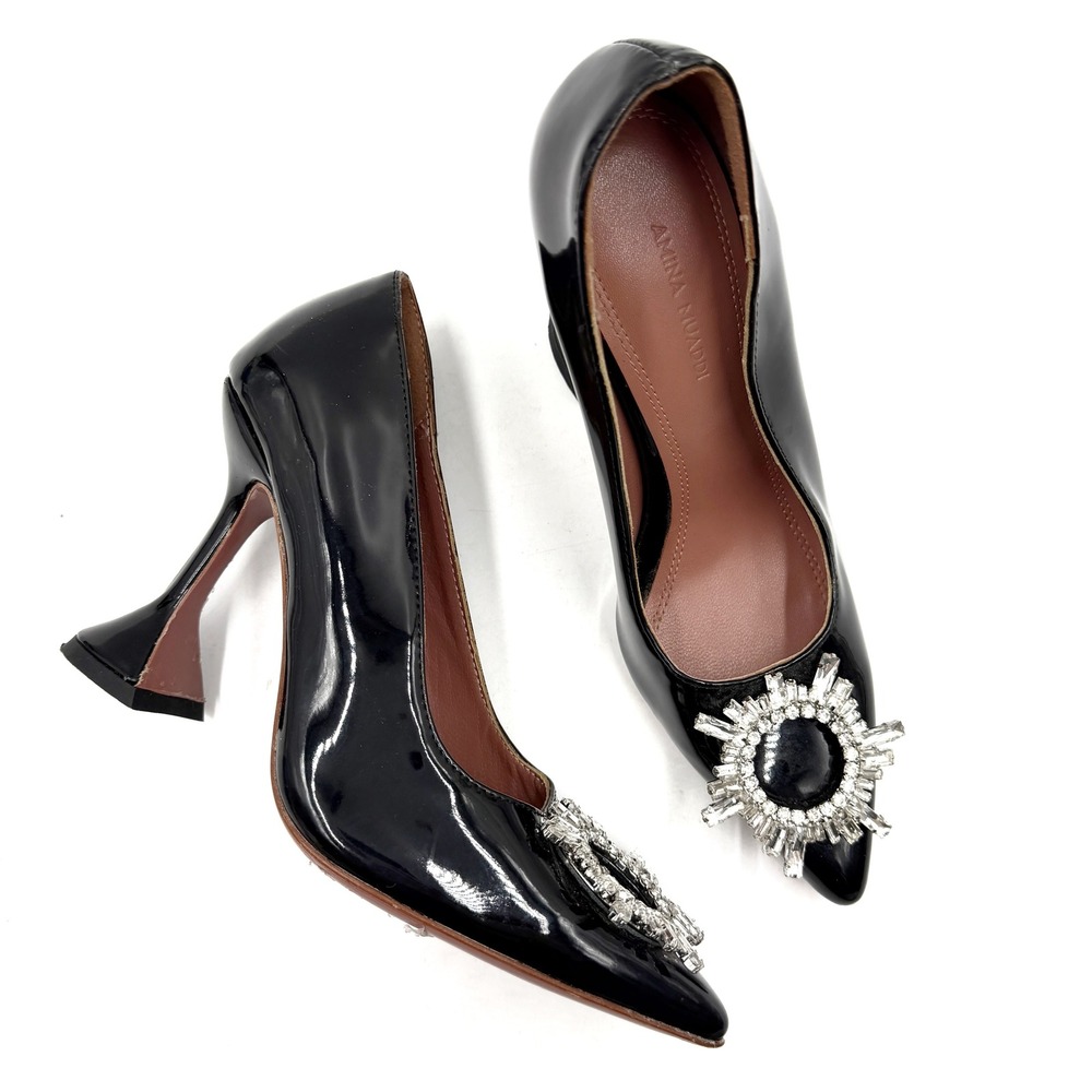 Amina Muaddi Begum Pumps Black Patent Crystal Brooch Martini Heel Women 37 / 7